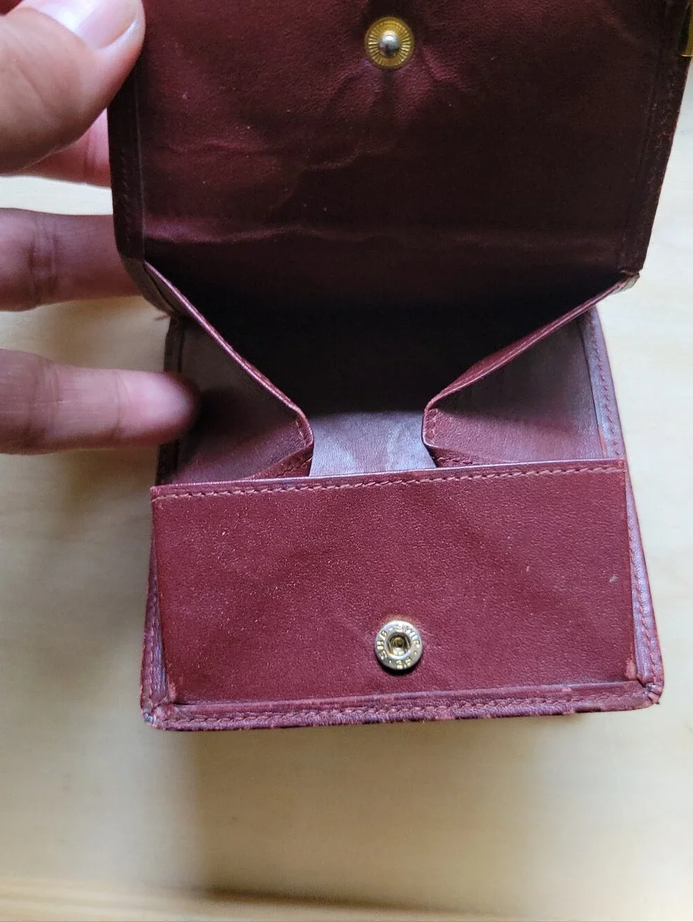 Vintage Cartier Burgandy Leather Bifold Wallet with Gold Corners & Coin holder